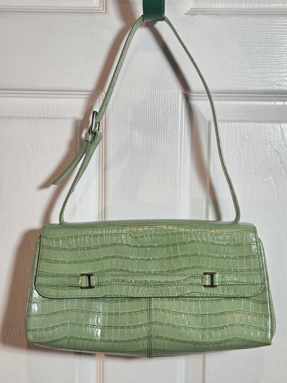 Etienne Aigner Green Croc Embossed Leather Baguette Shoulder Bag Silver Hardware